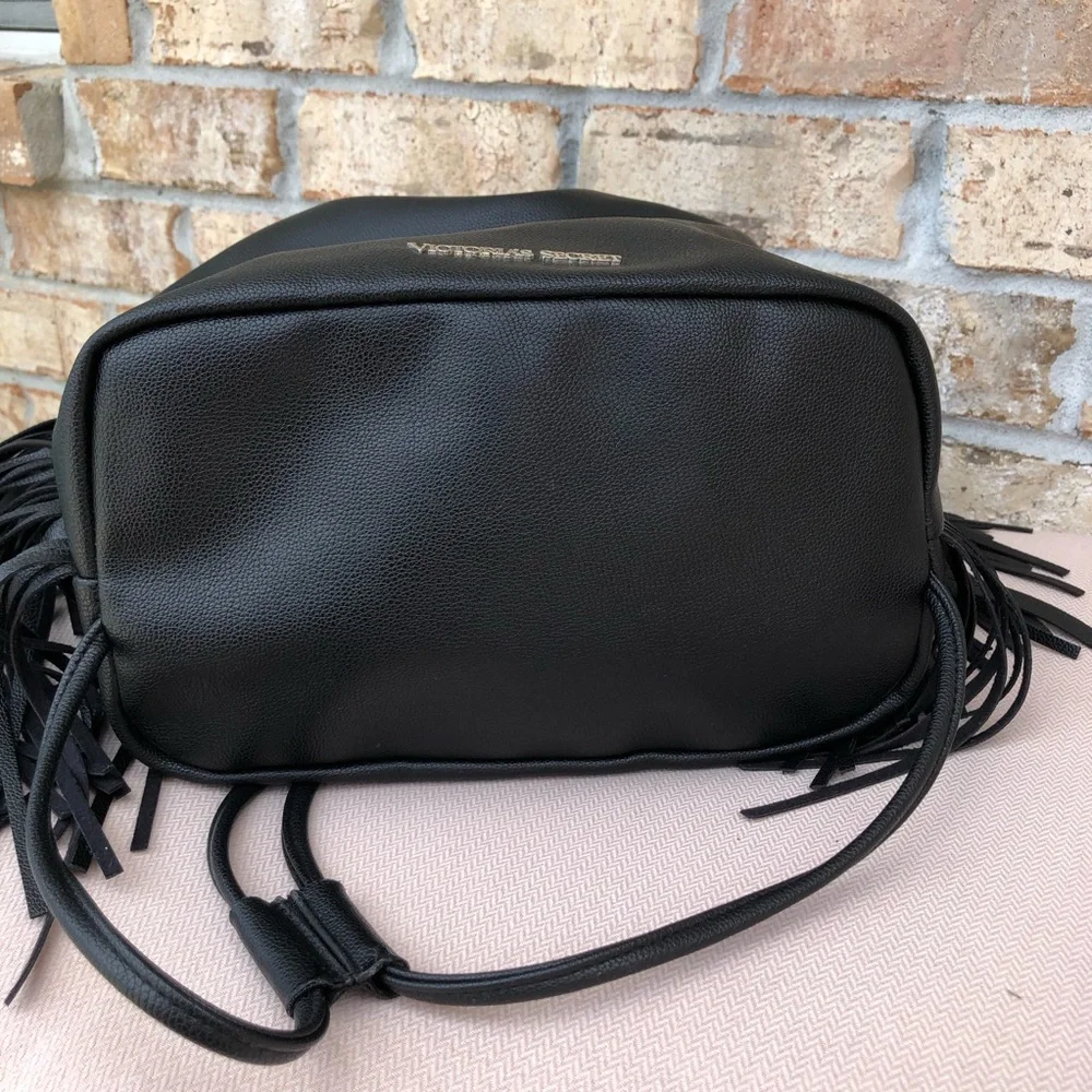Victoria's Secret Black Fringe Drawstring Faux Leather Backpack